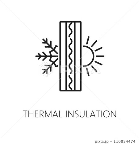 Wall thermal insulation icon. House construction technology, energy save and heat protection material or solution, building wall insulation layer cross section line vector icon with snowflake and sun Wall thermal insulation icon. House construction technology, energy save and heat protection material or solution, building wall insulation layer cross section line vector icon with snowflake and sun 110854474