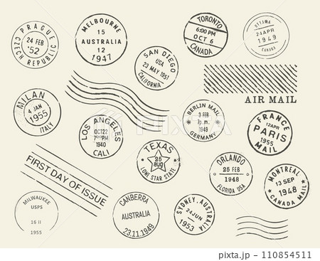 Postage and postal stamps. Canada, USA and European countries post town ink stamp. Toronto, Orlando and Montreal, Paris, Milan and Berlin postal envelope vector retro postal mark, stamp or imprint 110854511