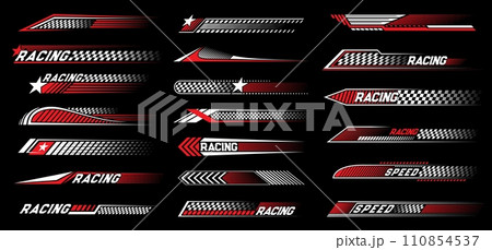 Red race sport car stripe stickers and racing line decals, vector speed auto art. Car race decals stickers with checkered flag for rally ride, drag racing and drift with arrow and stars Red race sport car stripe stickers and racing line decals, vector speed auto art. Car race decals stickers with checkered flag for rally ride, drag racing and drift with arrow and stars 110854537