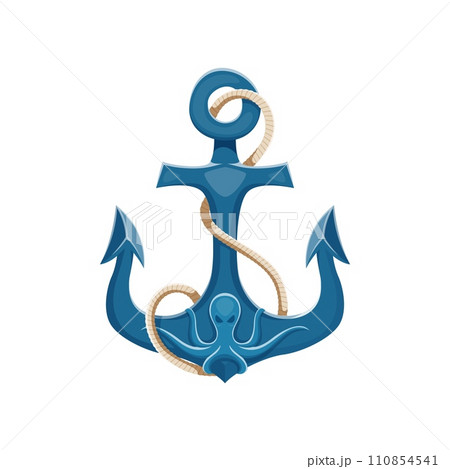 Cartoon pirate ship anchor. Isolated vector formidable armature adorned with octopus engraving and rope, heavy relic of the high seas. Its massive flukes evoke tales of plunder and maritime adventures Cartoon pirate ship anchor. Isolated vector formidable armature adorned with octopus engraving and rope, heavy relic of the high seas. Its massive flukes evoke tales of plunder and maritime adventures 110854541