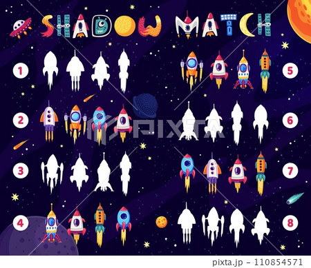 Shadow match game worksheet, find identical space rocket silhouettes, vector puzzle quiz. Kids cartoon game to find same spaceship shuttle or rocket spacecraft to guess and match silhouettes Shadow match game worksheet, find identical space rocket silhouettes, vector puzzle quiz. Kids cartoon game to find same spaceship shuttle or rocket spacecraft to guess and match silhouettes 110854571