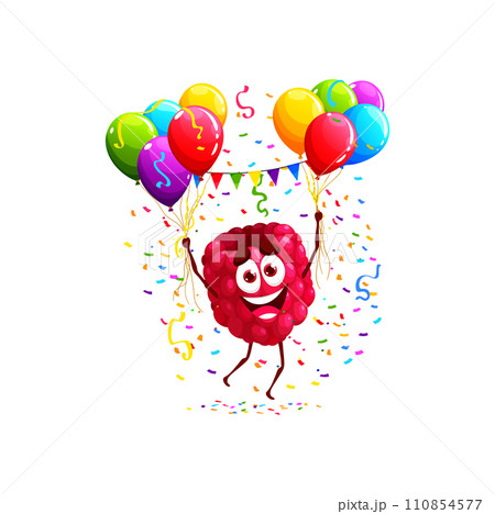 Cartoon raspberry character, birthday holiday. Kids holiday party comical mascot, child event or children anniversary celebration happy berry vector character or cute raspberry personage with balloons 110854577