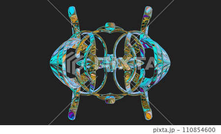 Centrally placed curved and very colorful artfully multi-layered textured abstract symmetrical shape - 3d illustration 110854600