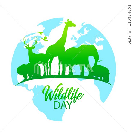 World wildlife day holiday celebration banner or poster with grizzly bear, deer and giraffe, elephant, hippopotamus wild animals green silhouettes on background of planet Earth blue globe vector 110854601