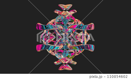 Centrally placed curved and very colorful artfully multi-layered textured abstract symmetrical shape - 3d illustration Centrally placed curved and very colorful artfully multi-layered textured abstract symmetrical shape - 3d illustration 110854602