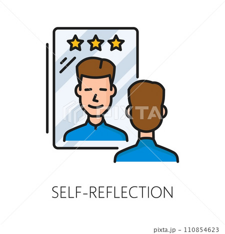 Self reflection psychological disorder problem, mental health isolated thin line icon, symbolizing introspection and self-awareness, represented by a mirror contemplating with male face reflection 110854623