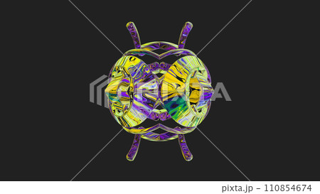 Centrally placed curved and very colorful artfully multi-layered textured abstract symmetrical shape - 3d illustration 110854674