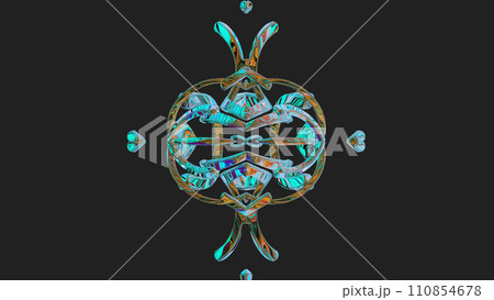Centrally placed curved and very colorful artfully multi-layered textured abstract symmetrical shape - 3d illustration Centrally placed curved and very colorful artfully multi-layered textured abstract symmetrical shape - 3d illustration 110854678