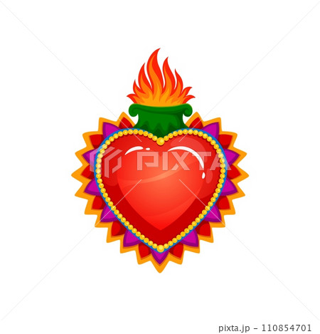 Mexican sacred heart with burning fire flames, tattoo and religion symbol, vector icon. Sacred heart or Corazon Milagro, Mexican Catholic religion sign of Jesus and God love or divine miracle 110854701
