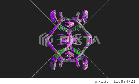 Centrally placed curved and very colorful artfully multi-layered textured abstract symmetrical shape - 3d illustration 110854721