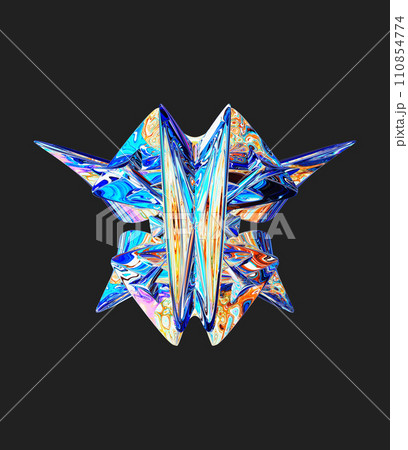 Centrally placed curved and very colorful artfully multi-layered textured abstract symmetrical shape - 3d illustration 110854774