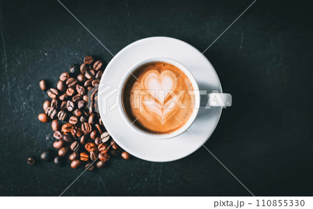 AI-generated content. Bean Perfection, Coffee Cup And Beans from Above 110855330