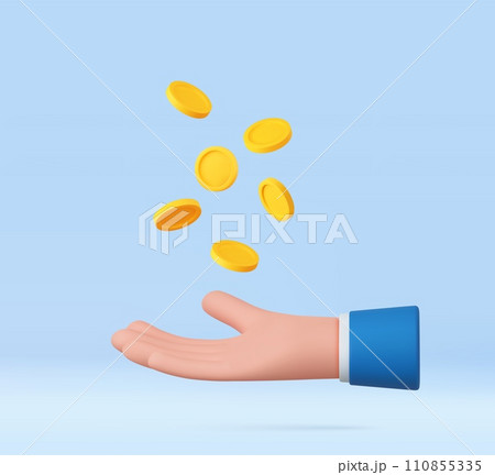 3d hand with coins flying. 110855335