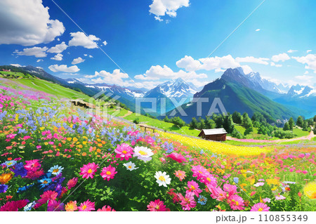 青空の高山のお花畑のイラスト 110855349