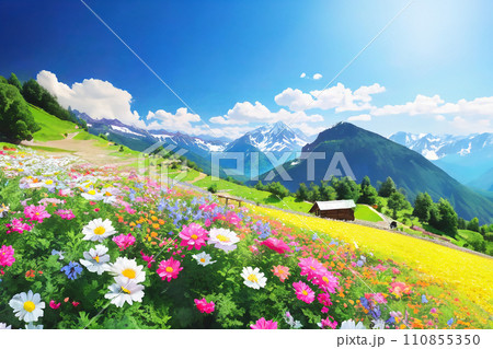 青空の高山のお花畑のイラスト 青空の高山のお花畑のイラスト 110855350