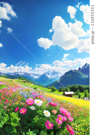 青空の高山のお花畑のイラスト 青空の高山のお花畑のイラスト 110855351