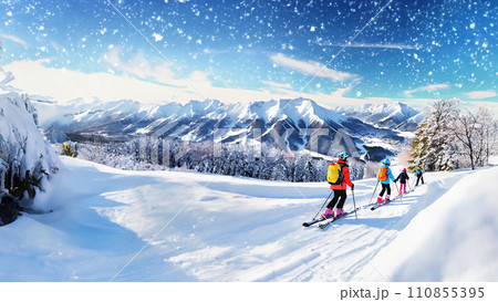 雪が舞うスキー場でスキーをする人々 110855395