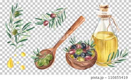 Olive set. Branches, glass jug with olive oil, olives in wooden bowl, wooden spoon and oil drops isolated on white background. Hand drawn botanical watercolor illustration. For cards, menu, product Olive set. Branches, glass jug with olive oil, olives in wooden bowl, wooden spoon and oil drops isolated on white background. Hand drawn botanical watercolor illustration. For cards, menu, product 110855419