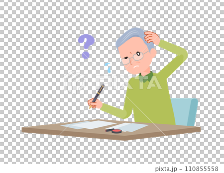 書類の書き方がわからないシニア男性 書類の書き方がわからないシニア男性 110855558