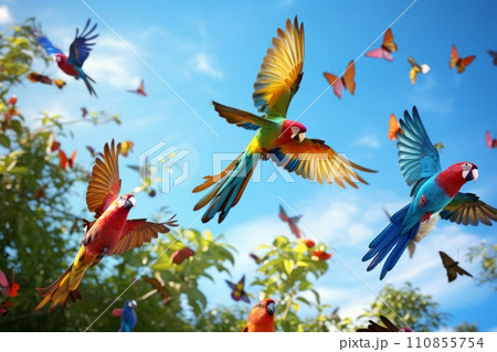 Flying parrots and butterfly 110855754