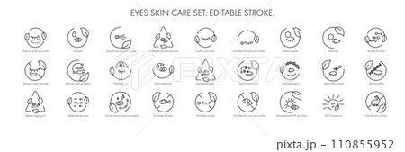 Eye skin care area icon pack set for patch, cream, mask cosmetic and beauty product, ophthalmology clinic, web, packaging. Vector stock illustration isolated on white background. Editable stroke.EPS10 110855952