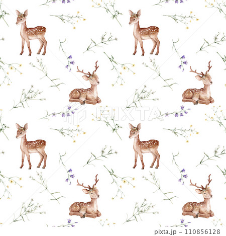 Watercolor seamless pattern baby deer and meadow flowers. Spotted deer isolated on white background. Hand painted wild animal template for fabric. Animal for design print or background. bluebell 110856128
