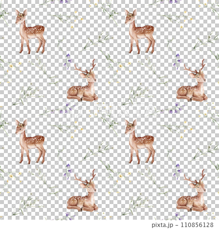 Watercolor seamless pattern baby deer and meadow flowers. Spotted deer isolated on white background. Hand painted wild animal template for fabric. Animal for design print or background. bluebell 110856128