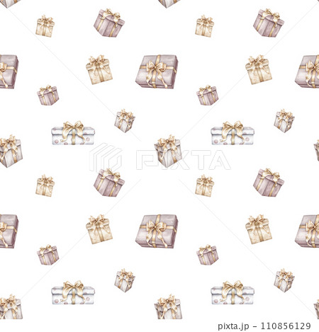 Seamless pattern Happy Birthday Watercolor. Hand drawn collection with gift boxesfor baby shower in cute pastel colors on isolated background. Minimal Illustration with presents for party 110856129