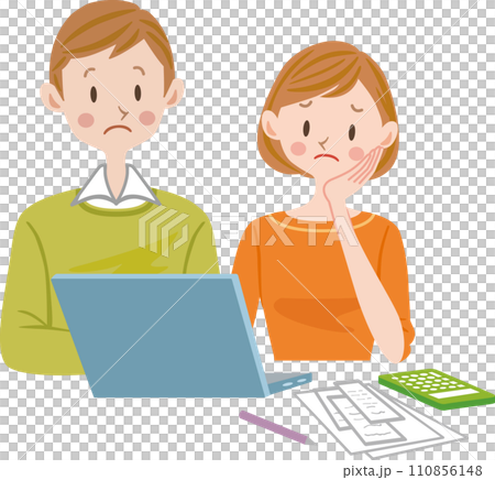 パソコンを使う夫婦　家計簿をつける夫婦　確定申告の申請に困るフリーランス 110856148