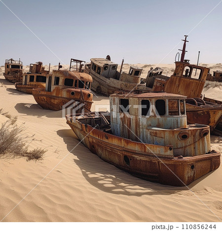 Old rusty ships and barges in the desert. Dry sea. Climate change, human impact on nature Old rusty ships and barges in the desert. Dry sea. Climate change, human impact on nature 110856244