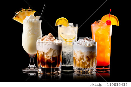 Set and collection of classic alcohol cocktails or mocktail isolated on white background with fresh summer fruits Set and collection of classic alcohol cocktails or mocktail isolated on white background with fresh summer fruits 110856433