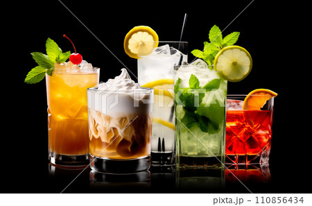 Set and collection of classic alcohol cocktails or mocktail isolated on white background with fresh summer fruits 110856434
