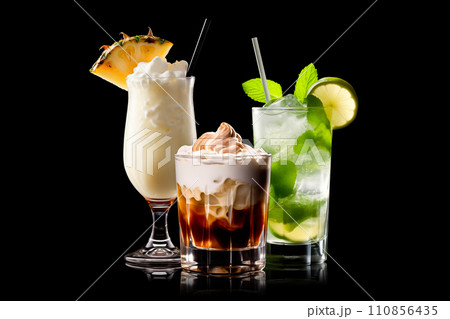 Set and collection of classic alcohol cocktails or mocktail isolated on white background with fresh summer fruits 110856435