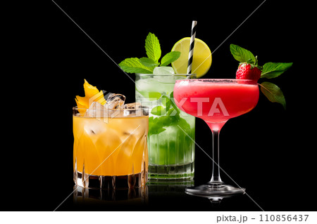 Set and collection of classic alcohol cocktails or mocktail isolated on white background with fresh summer fruits 110856437