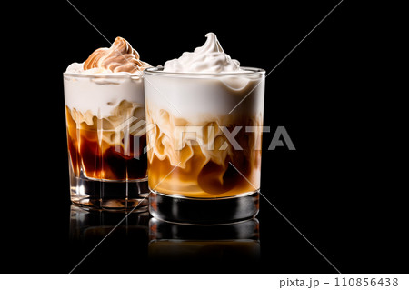 Set of White Russian cocktail featuring layers of cream, coffee liqueur and vodka Set of White Russian cocktail featuring layers of cream, coffee liqueur and vodka 110856438