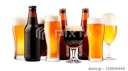 Set of Beer glasses and bottles on a white background. Mugs with drink like Ipa, Pale Ale, Pilsner, Porter or Stout 110856444