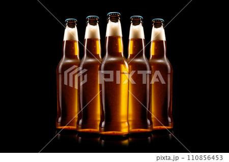 Set of Beer bottle on a black background. Bottle with drink like Ipa, Pale Ale, Pilsner, Porter or Stout 110856453