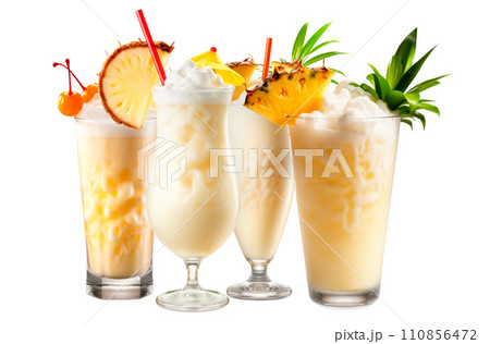 Set of Pina Colada cocktails with pineapple, coconut and creamy white top Set of Pina Colada cocktails with pineapple, coconut and creamy white top 110856472