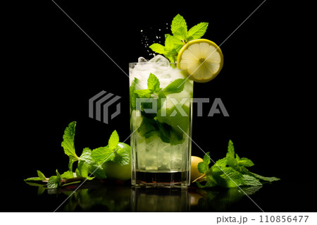 Mojito cocktail, garnished with fresh mint and a slice of lime in a tall glass 110856477