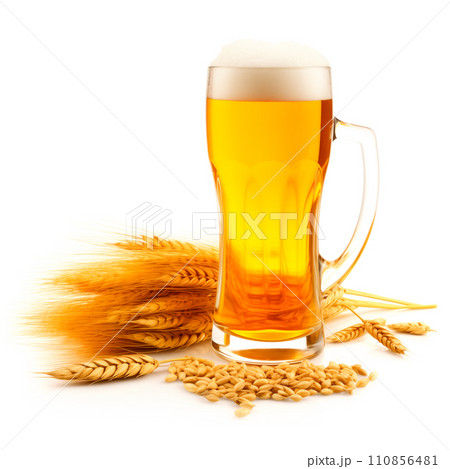 Beer in mug with wheat ears spikelets on white background. Mugs with drink like Ipa, Pale Ale, Pilsner, Porter or Stout 110856481