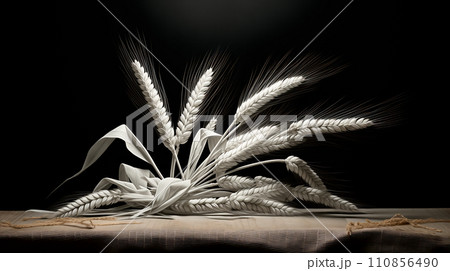 A bunch of wheat laid on a table, in the style of black and white still life 110856490