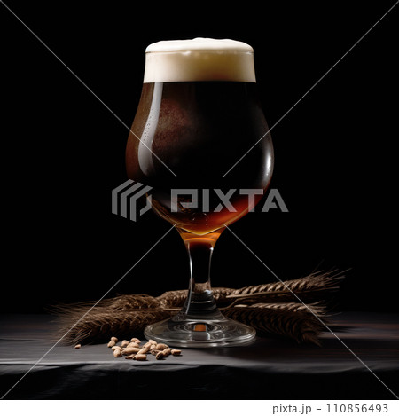 Beer in a tall glass on a dark black background. Mugs with drink like Ipa, Pale Ale, Pilsner, Porter or Stout 110856493