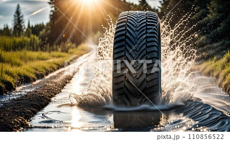Single car tire standing on the road in difficult weather conditions, in snow or rain wet road with aquaplaning - ai generated 110856522