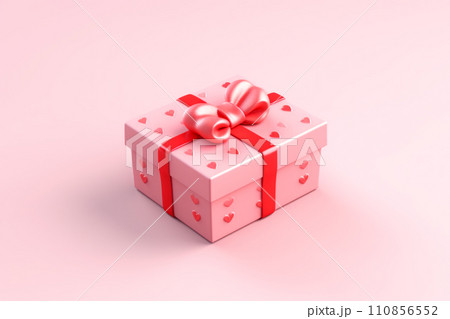 Mystery gift box with ribbon on solid bold background. Isometric view of present or giftbox with bow, Mystery gift box with ribbon on solid bold background. Isometric view of present or giftbox with bow, 110856552