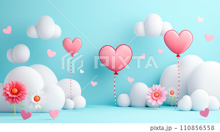 Poster or banner with clouds, hearts, balloons, flowers and presents on pastel blue 3D background for st. Valentine day 110856558