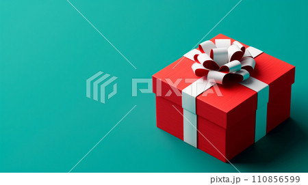 Mystery gift box with ribbon on solid bold background. Isometric view of present or giftbox with bow, 110856599