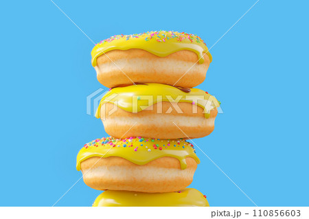Stack of different chocolate glazed donut with sprinkles on a blue background Stack of different chocolate glazed donut with sprinkles on a blue background 110856603