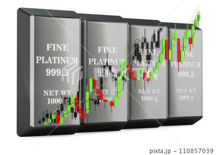 Platinum bars with candlestick chart, showing uptrend market. 3D rendering 110857039