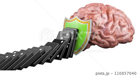 Shield before human brain, stop domino effect. Protect of brain, concept. 3D rendering 110857040