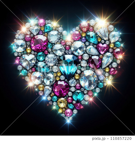 illustration of glittering diamonds and gemstones in a heart shape 110857220